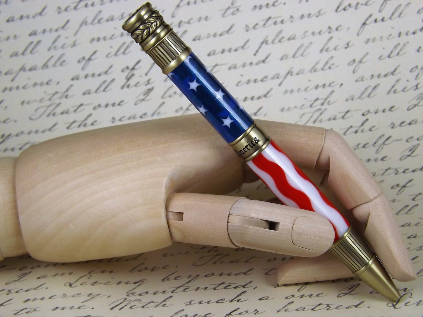 Handmade Antique Brass Patriotic Pen, proudly displaying the Stars and Stripes.