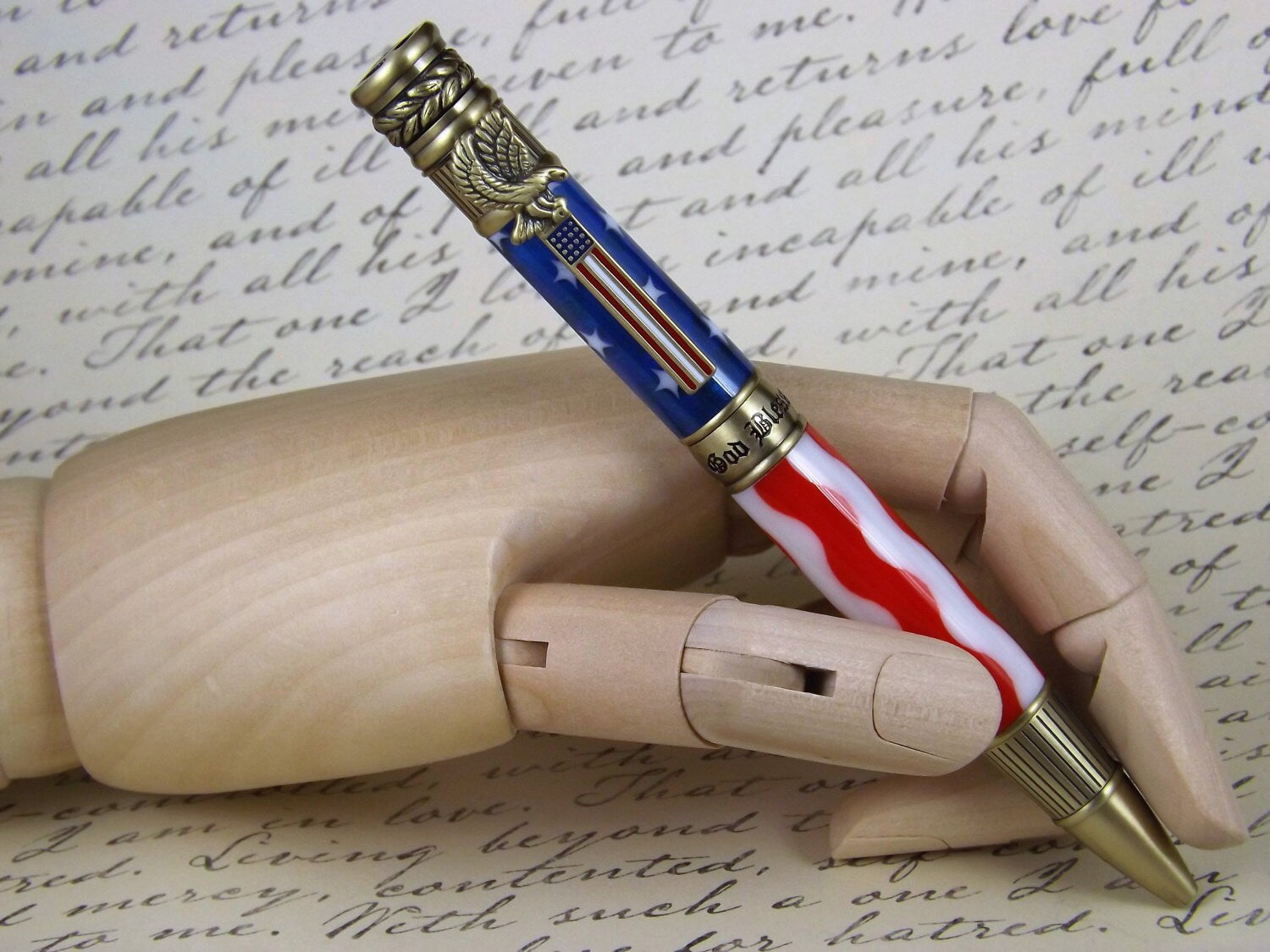 Handmade Antique Brass Patriotic Pen, proudly displaying the Stars and Stripes.