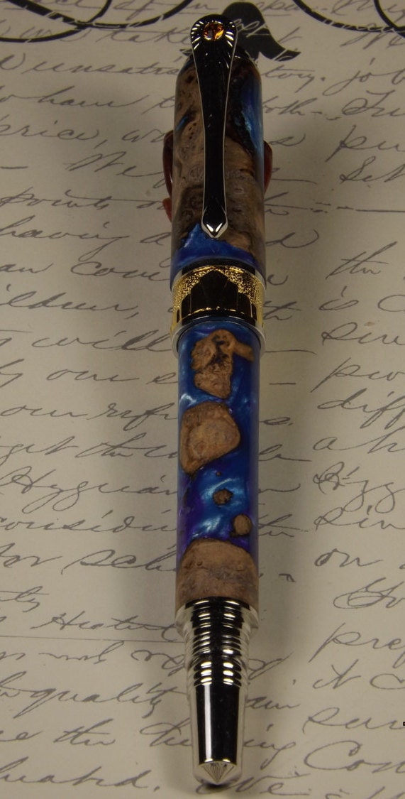 Handmade Burl Cap and Acrylic 24KT Gold accents Rollerball Pen
