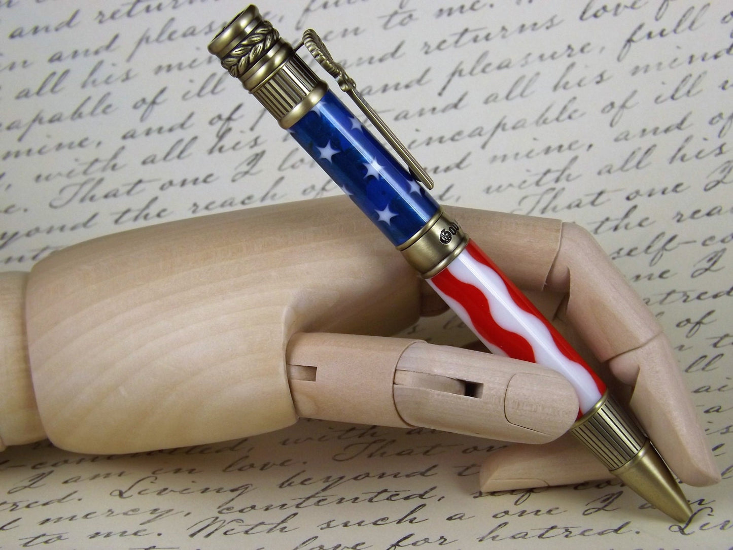 Handmade Antique Brass Patriotic Pen, proudly displaying the Stars and Stripes.