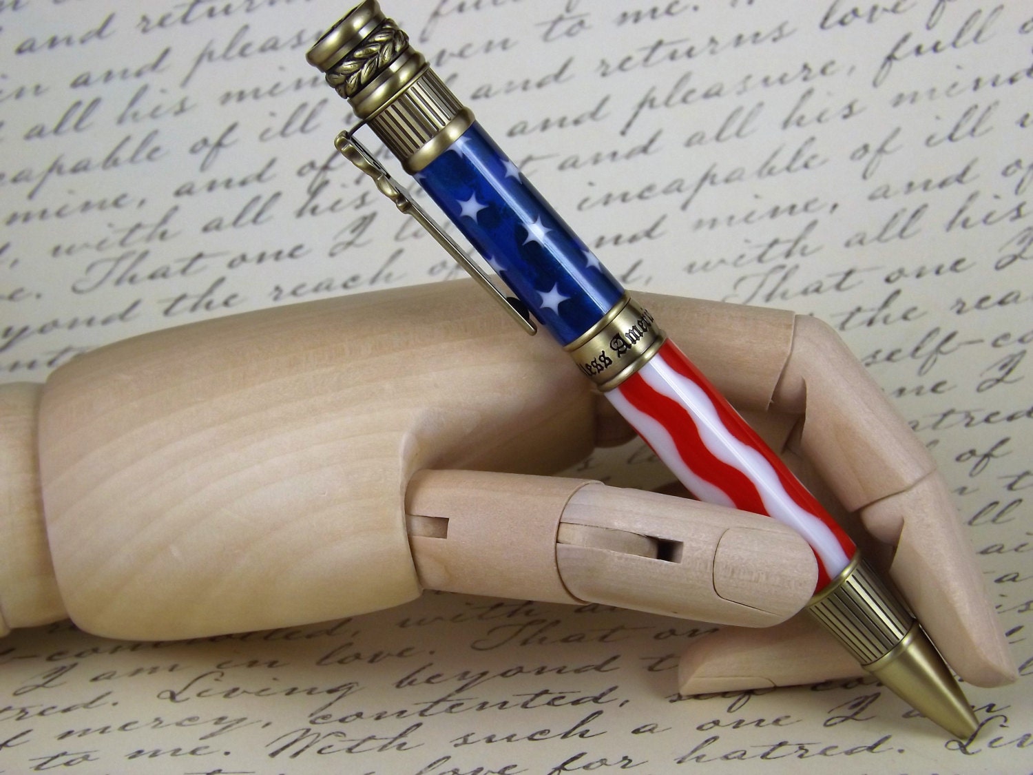 Handmade Antique Brass Patriotic Pen, proudly displaying the Stars and Stripes.