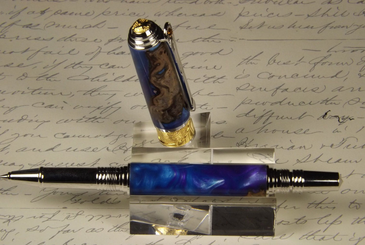 Handmade Burl Cap and Acrylic 24KT Gold accents Rollerball Pen