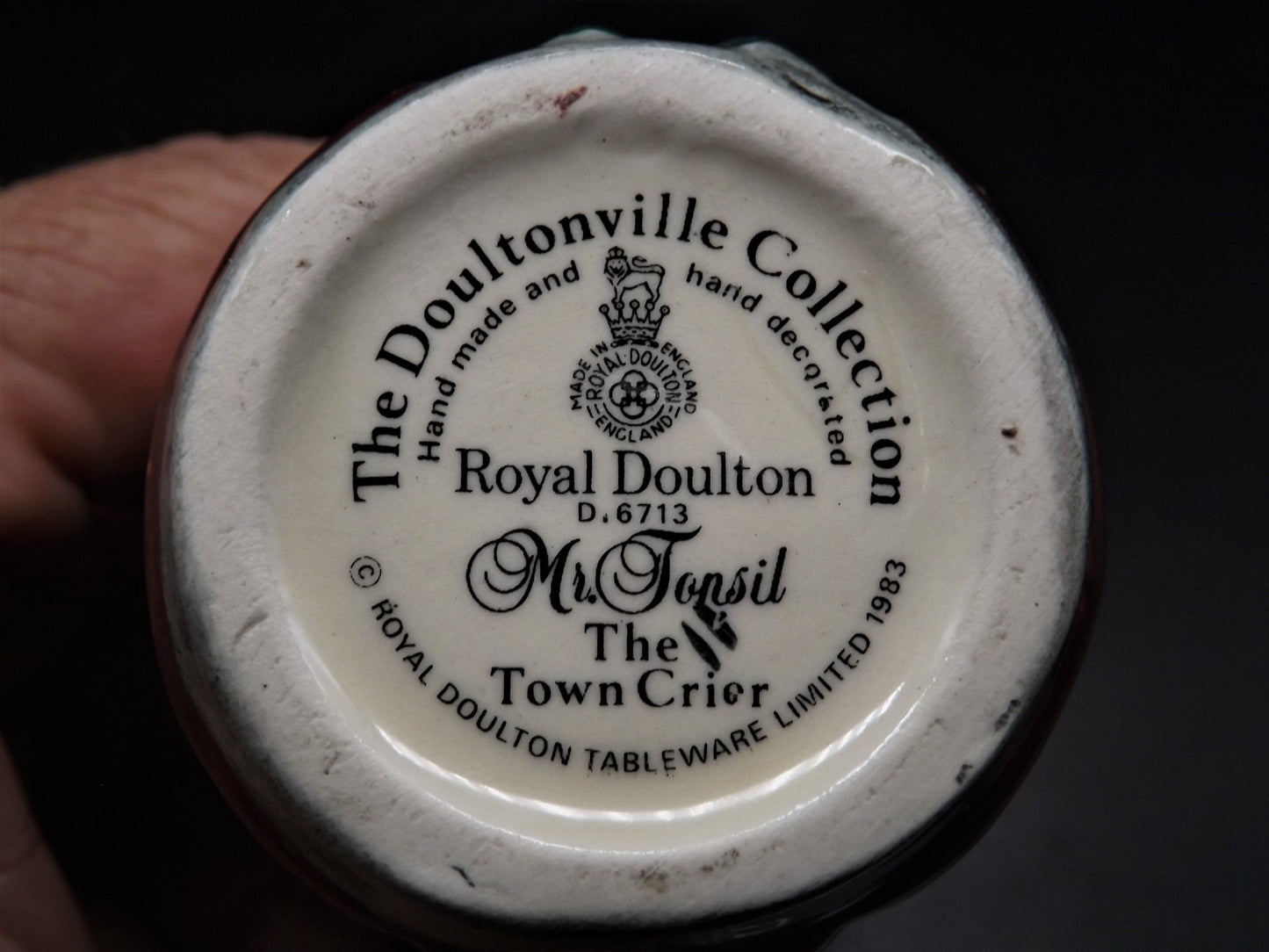 Closeout Sale! Vintage 1983 Royal Doulton Doultonville Collection D-6713 Mr. Tonsil The Town Crier Toby Jug. Excellent condition no box.