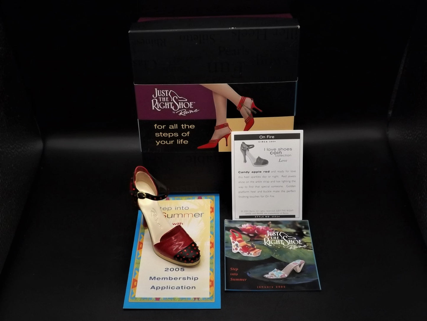 Closeout Sale! Vintage Just the Right Shoe by Raine "On Fire" miniature shoe collectible with original box. Item #25524