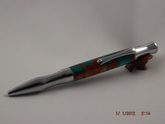 Handmade Acrylic Pen, Festive Red Green and Gold twist Virage style Pen