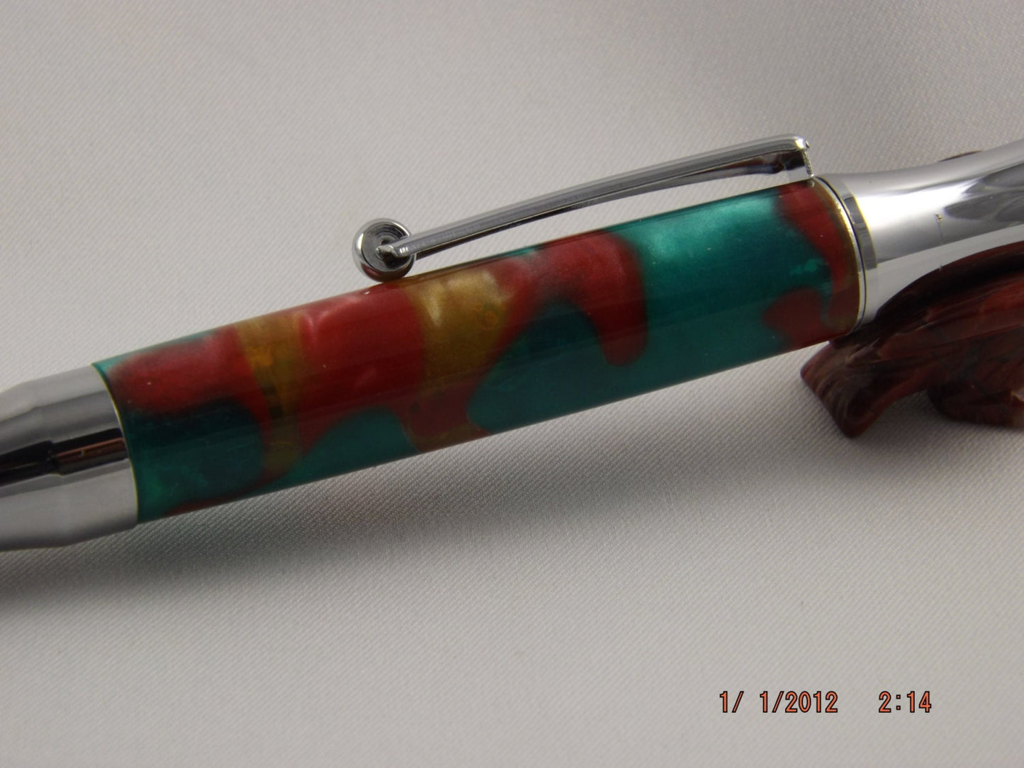 Handmade Acrylic Pen, Festive Red Green and Gold twist Virage style Pen
