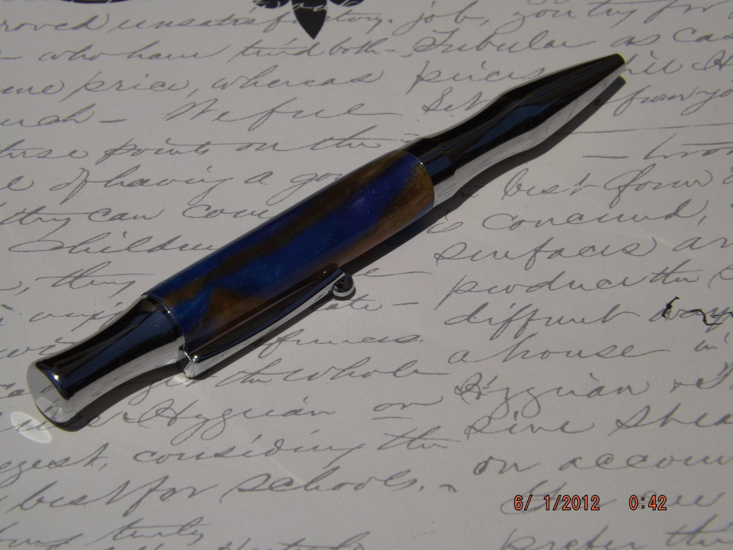 Handmade Acrylic Pen, Blue and Gold twist Virage style Pen