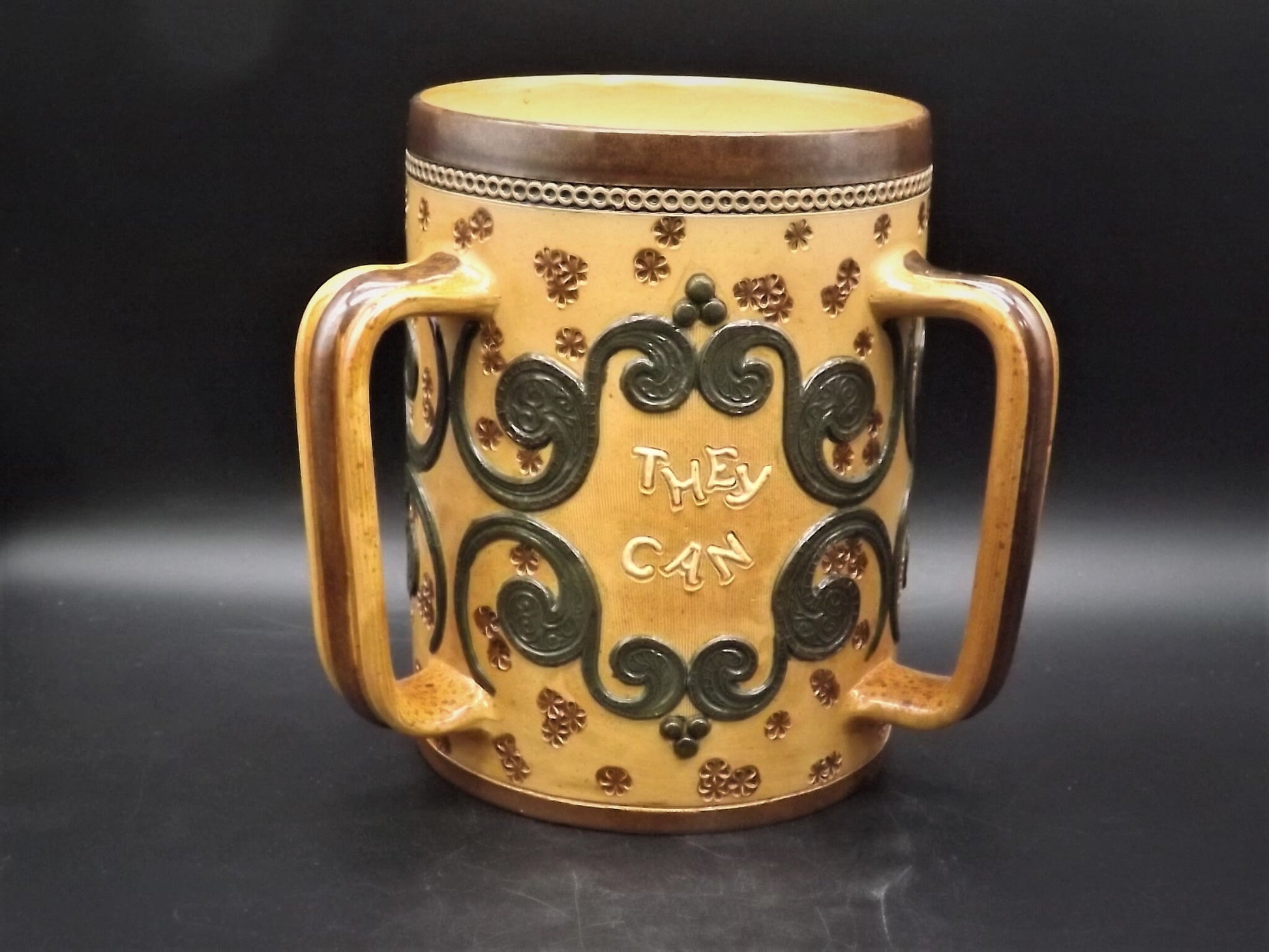 Doulton Lambeth Loving Cup "They can conquer who believe they can" WW1 slogan for solidarity in England. Very old exceptional condition.