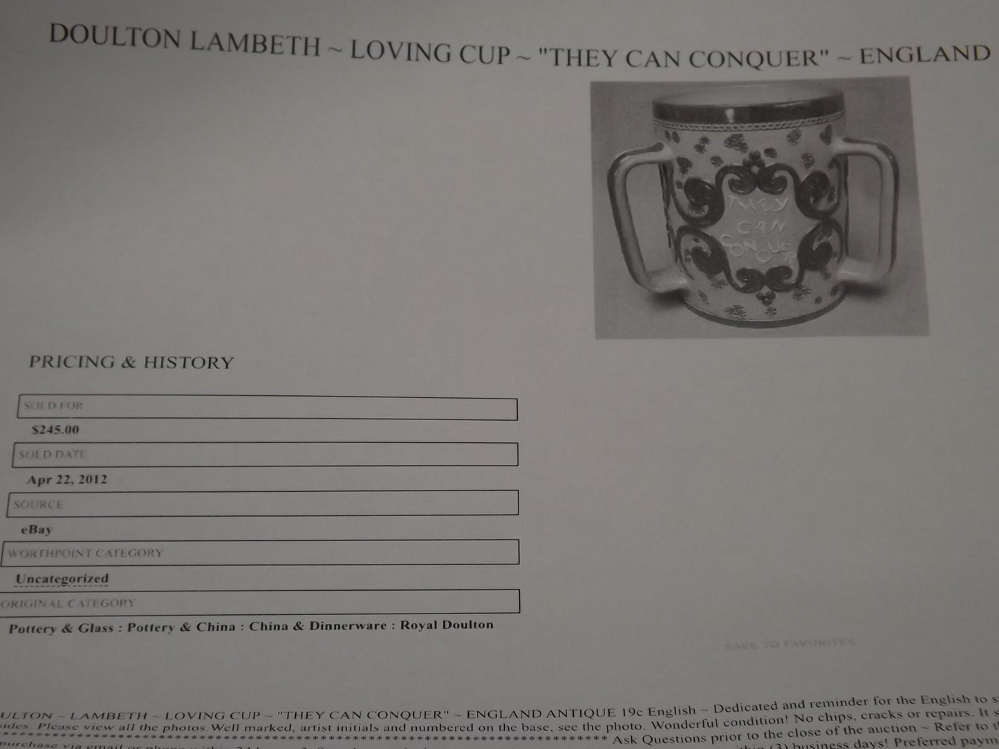 Doulton Lambeth Loving Cup "They can conquer who believe they can" WW1 slogan for solidarity in England. Very old exceptional condition.