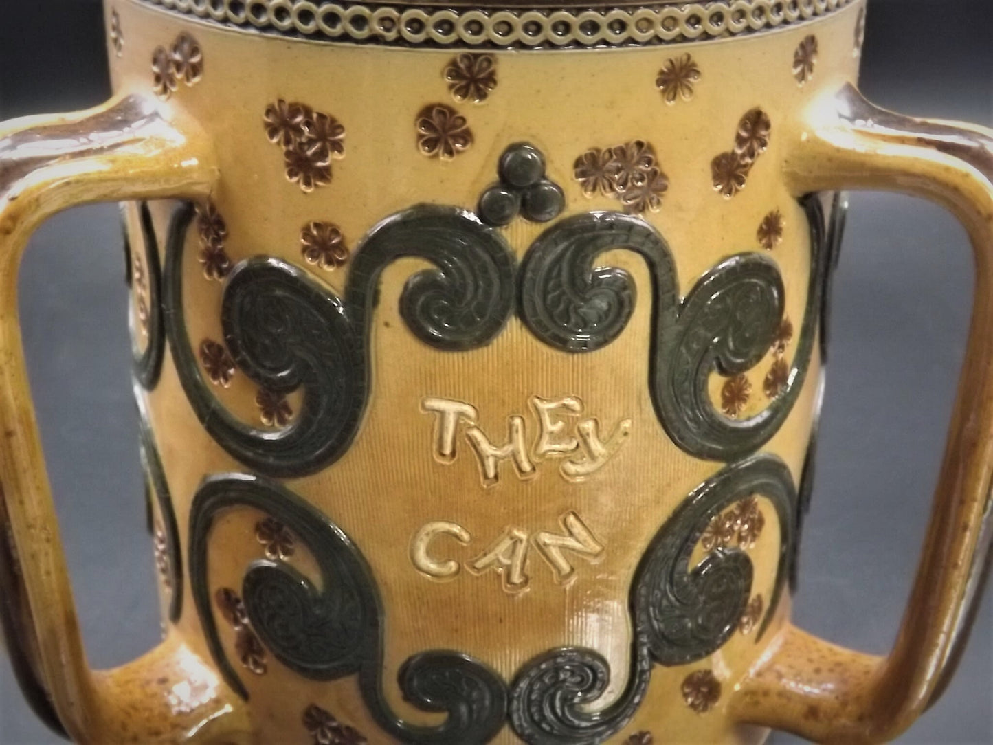 Doulton Lambeth Loving Cup "They can conquer who believe they can" WW1 slogan for solidarity in England. Very old exceptional condition.