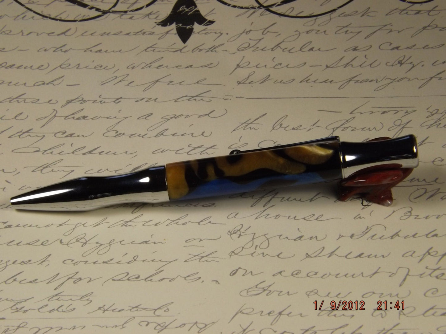 Handmade Acrylic Pen, Blue and Gold with Black swirl twist Virage style Pen