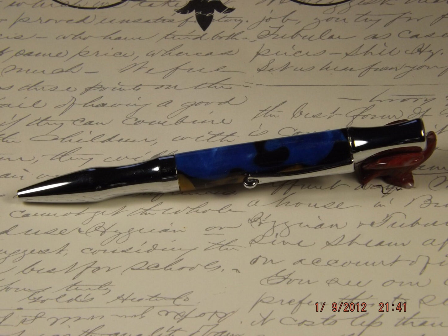 Handmade Acrylic Pen, Blue and Gold with Black swirl twist Virage style Pen