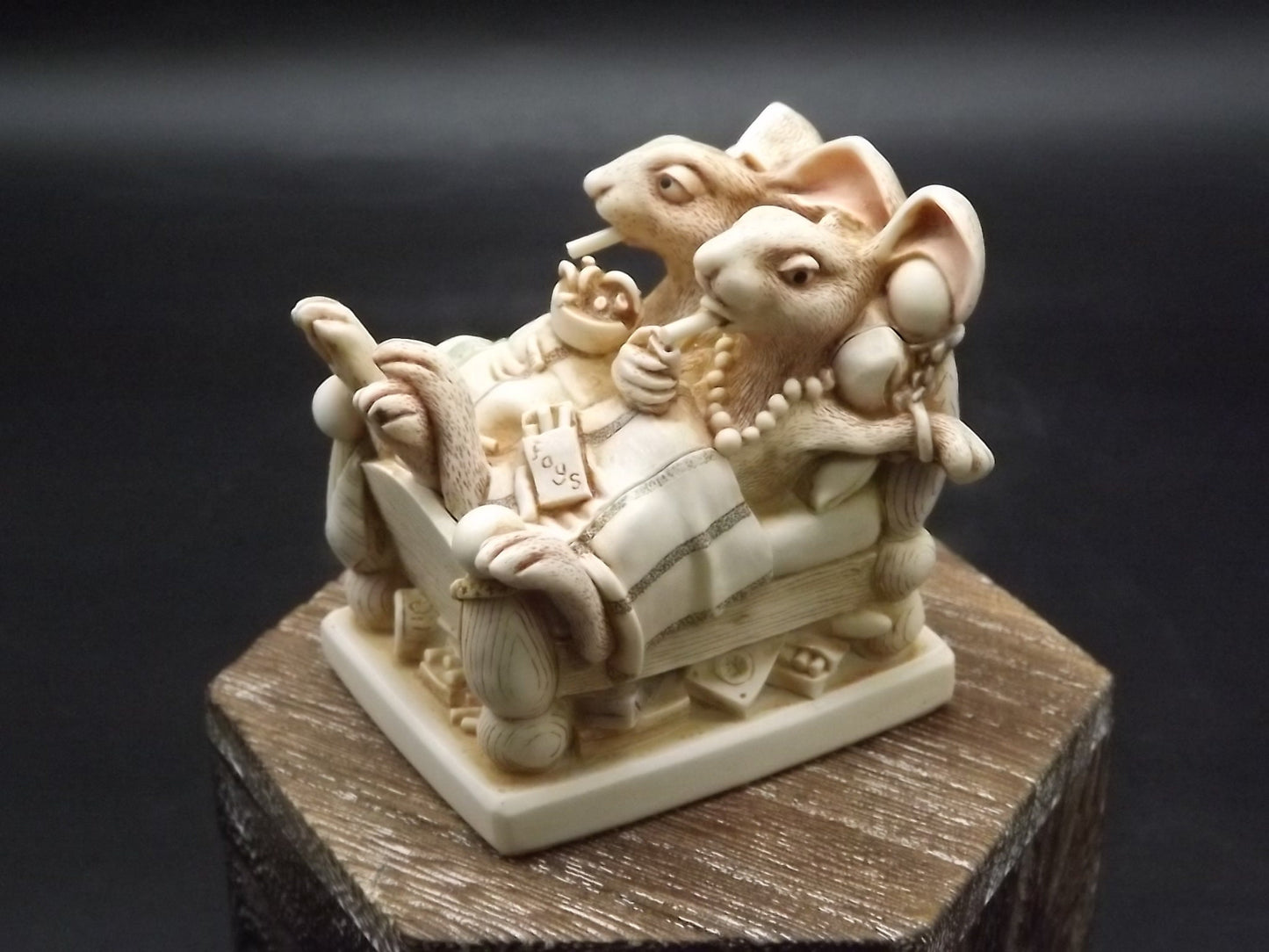 Harmony Kingdom "Smoking Section" two rabbits enjoying a cigarettes afterwards. Limited to 1000 pieces. Hand Autographed. No original box.