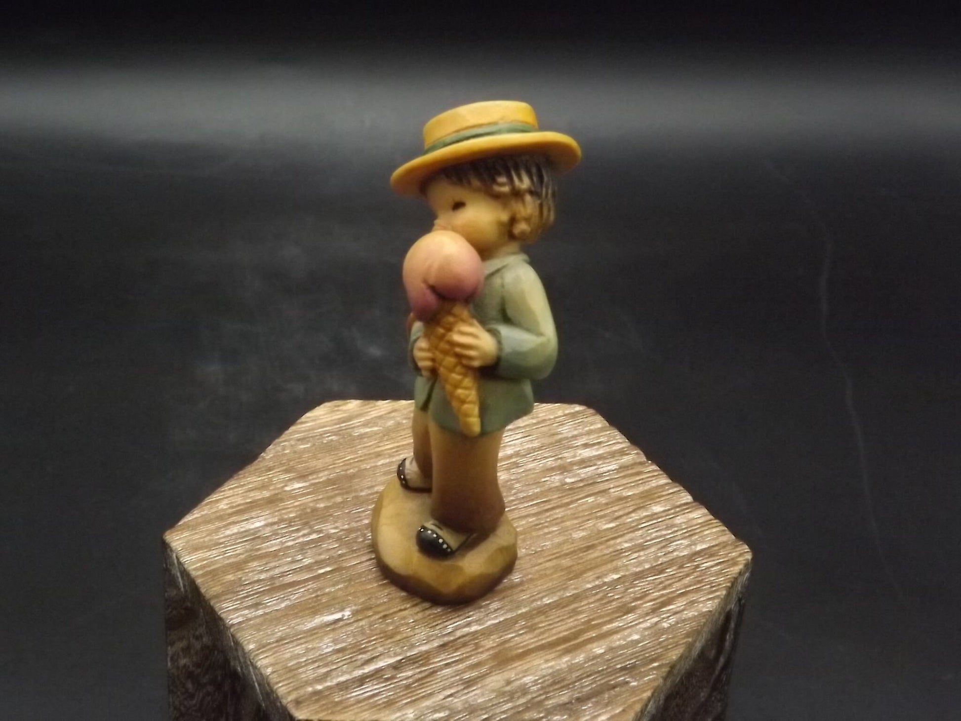 Vintage Anri Wood Figurine: "Summer Time" Boy with Ice Cream, Juan Ferrandiz Design