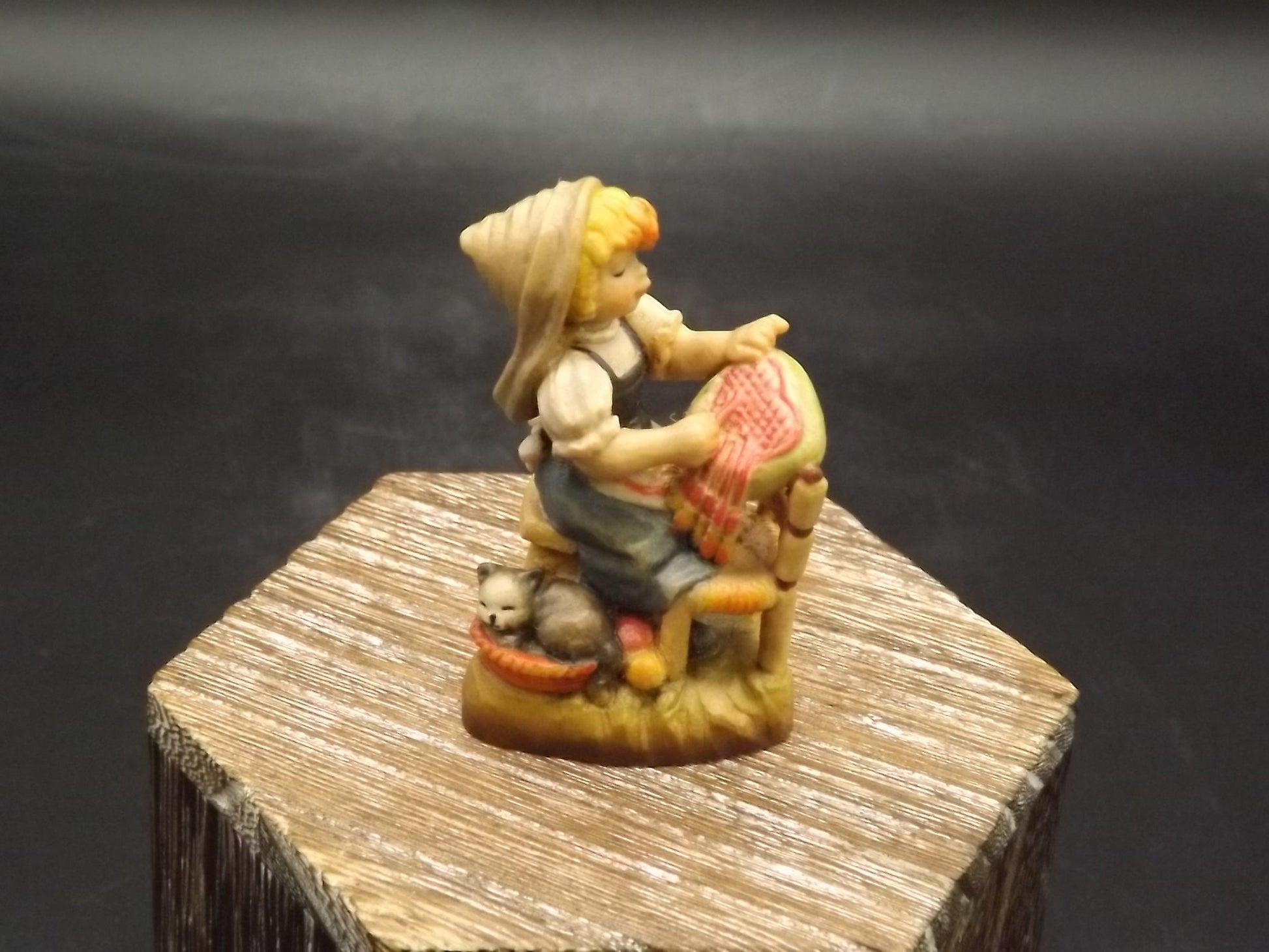 Vintage Anri Wood Figurine: Girl Sewing Heart, Juan Ferrandiz Design