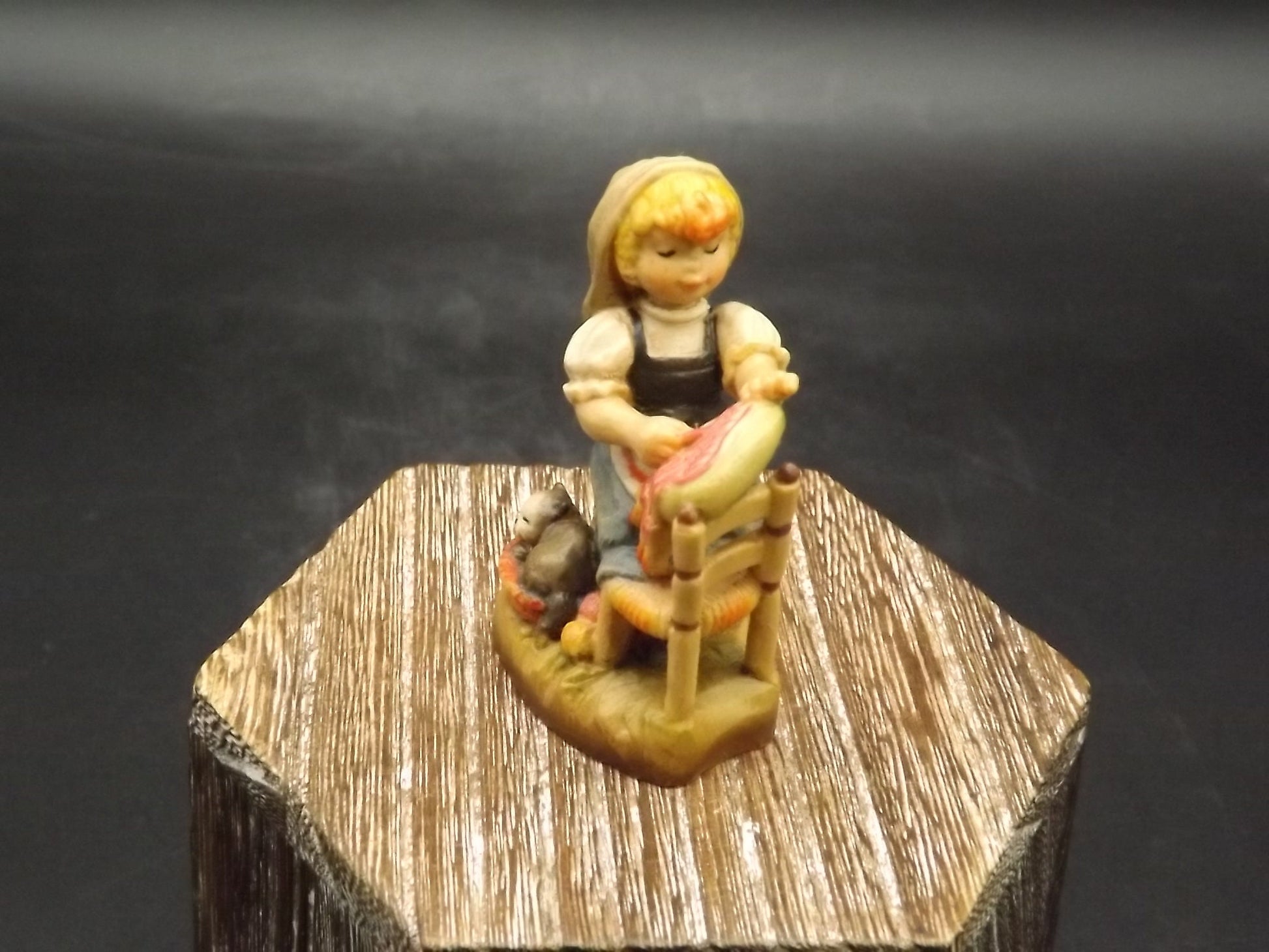 Vintage Anri Wood Figurine: Girl Sewing Heart, Juan Ferrandiz Design