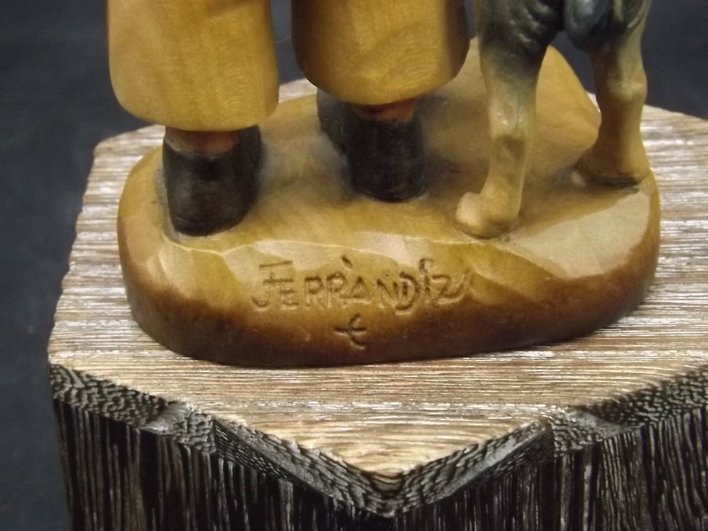 Vintage Anri "High Hopes" carved wood figurine. Designed by Juan Ferrandiz. Young boy with his pet dog and a bird perched on his shoulder.