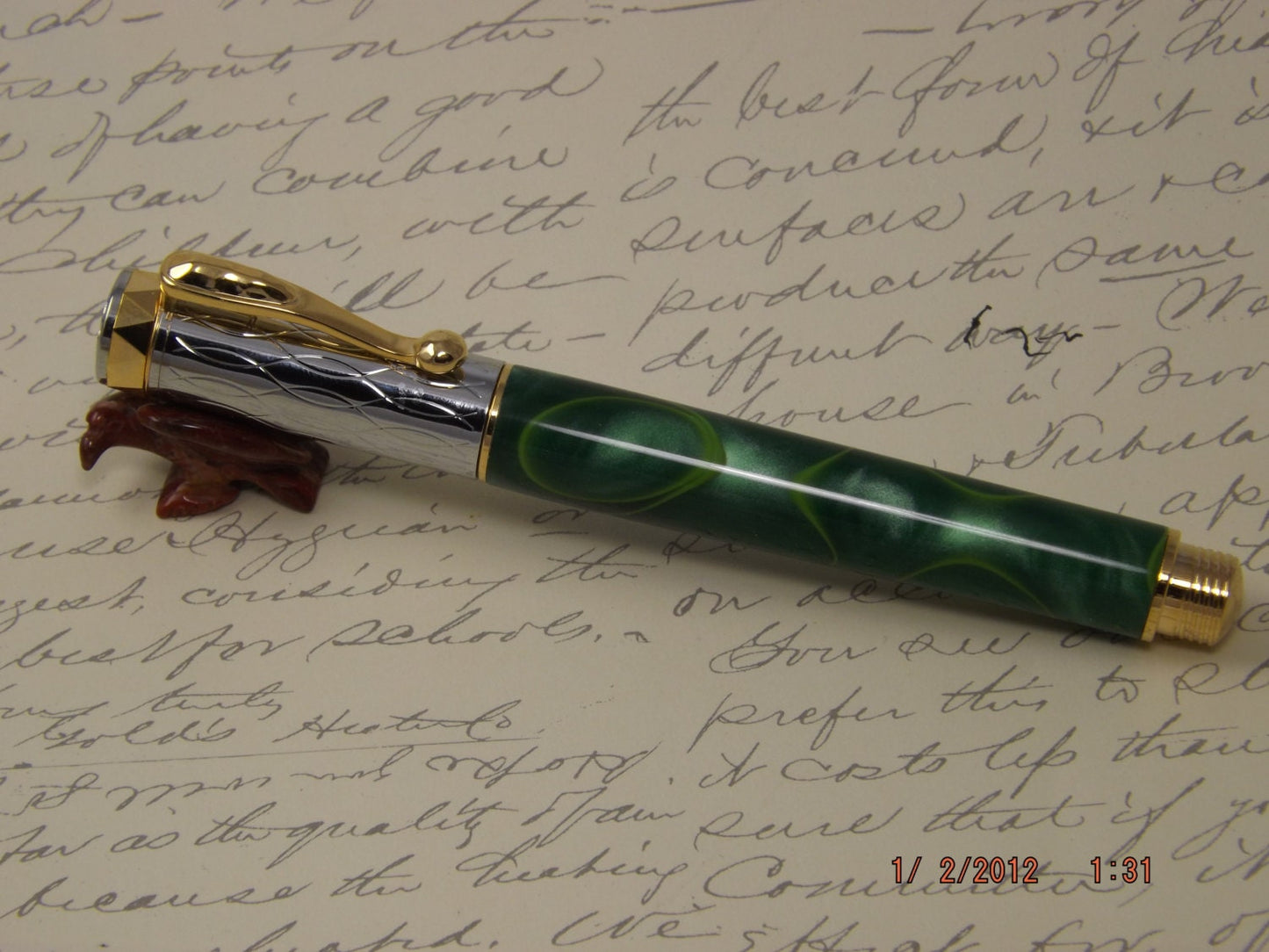 Handmade Green swirled Acrylic Elektra Rollerball Pen.