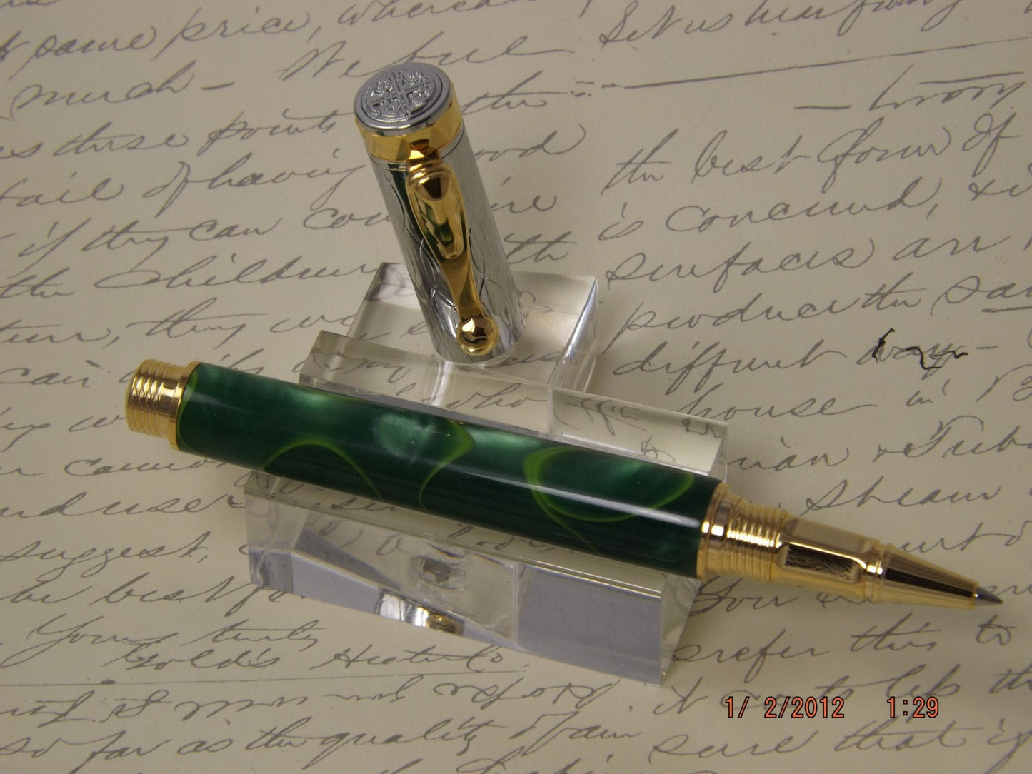 Handmade Green swirled Acrylic Elektra Rollerball Pen.