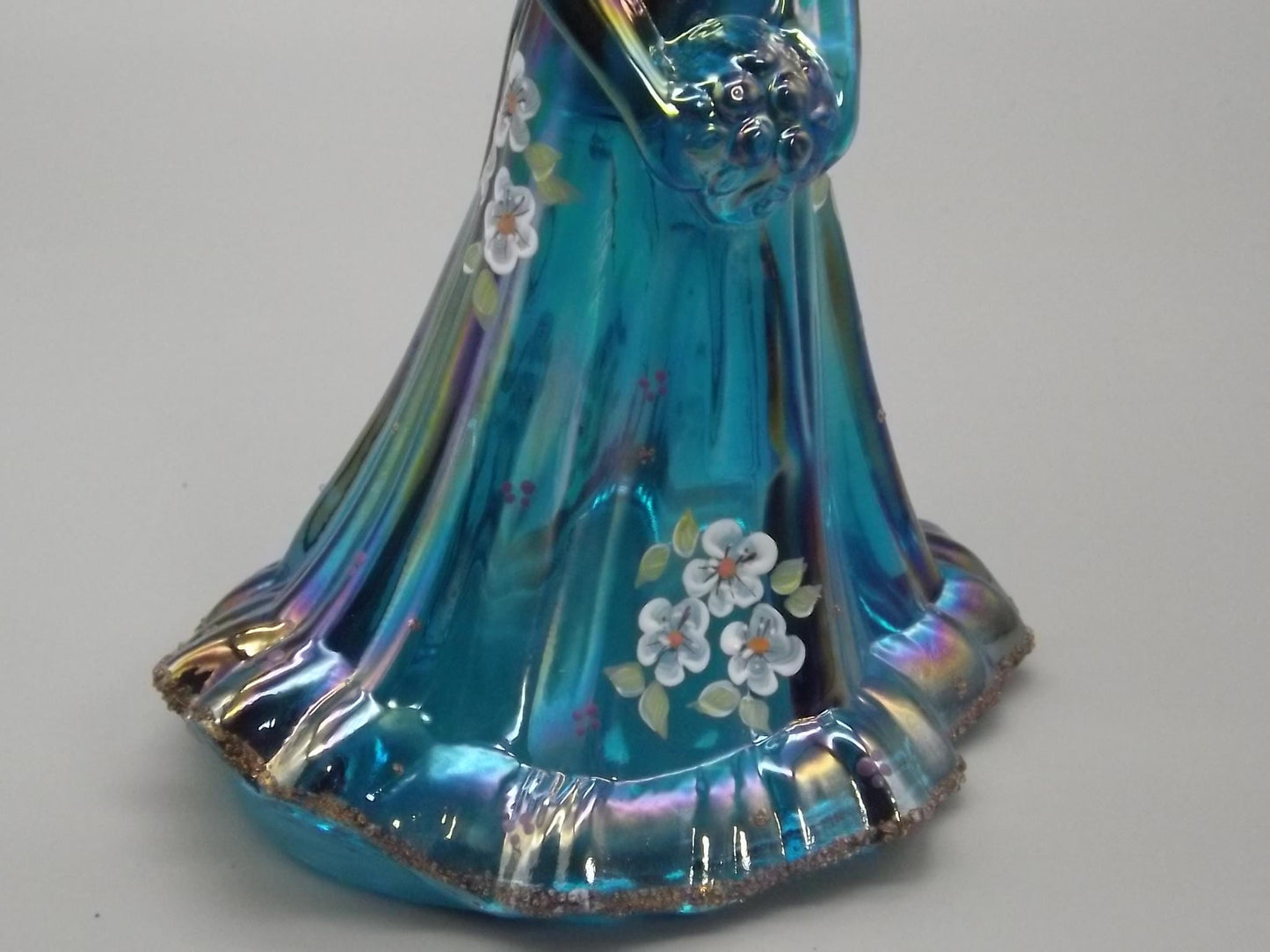 Vintage Fenton Bridesmaid Figurine: Iridescent Blue Glass, Hand-Painted