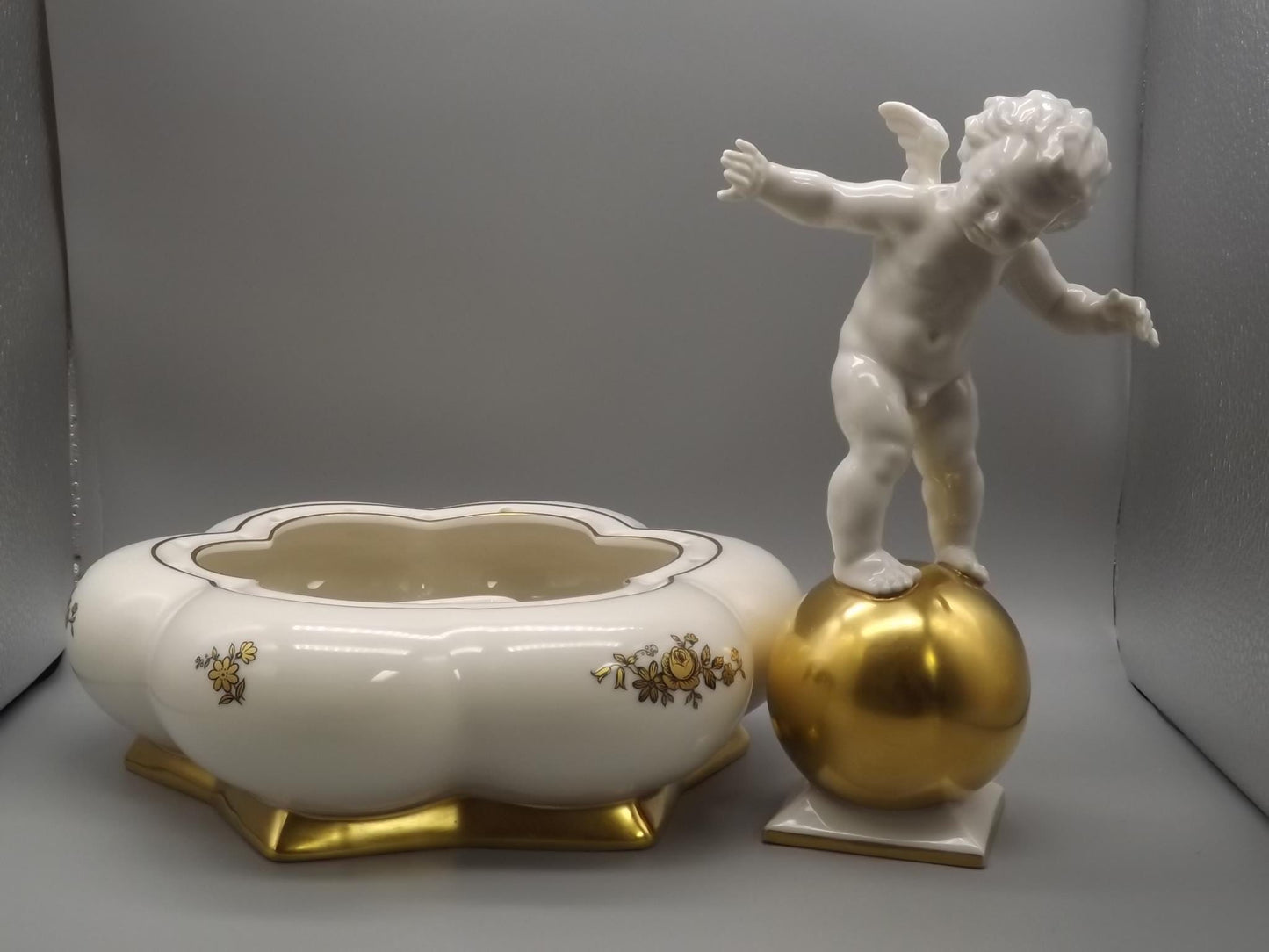 Vintage Hutschenreuther Porcelain Cherub Flower Frog on Gold Sphere