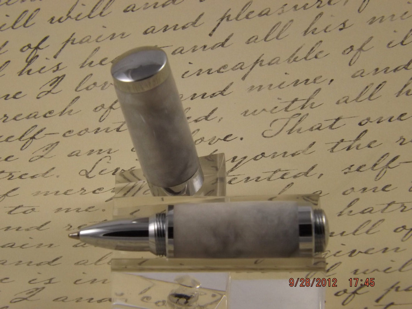 Handmade Pearlized White Lipstick sized Pen. White with Dark Accents.