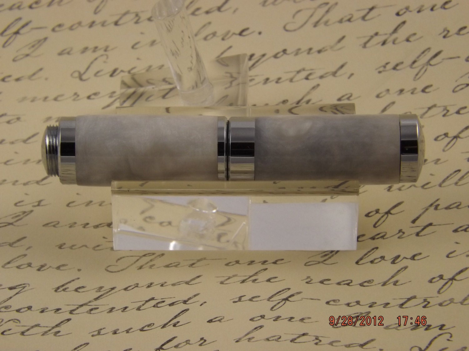 Handmade Pearlized White Lipstick sized Pen. White with Dark Accents.