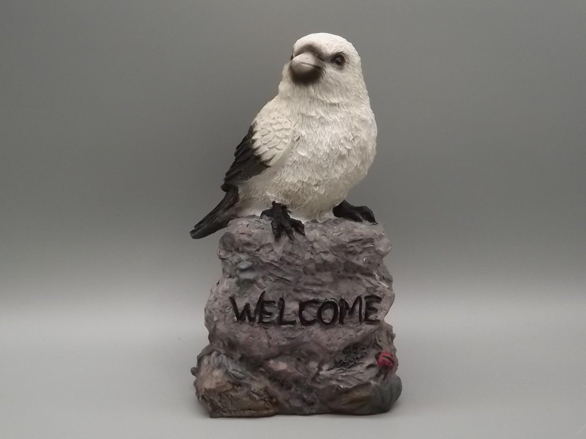 Bird Figurine on Welcome Sign: Black and White Feathered Friend Gift