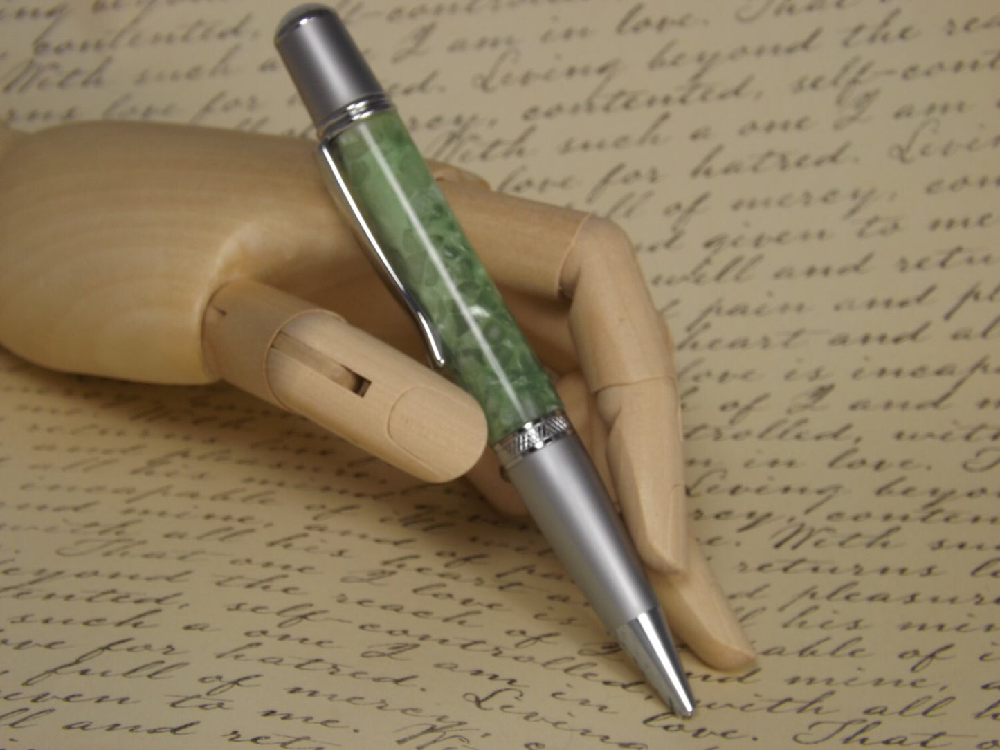 Handmade Green pebble acrylic Pen, Sierra Vista style two tone chrome pen.