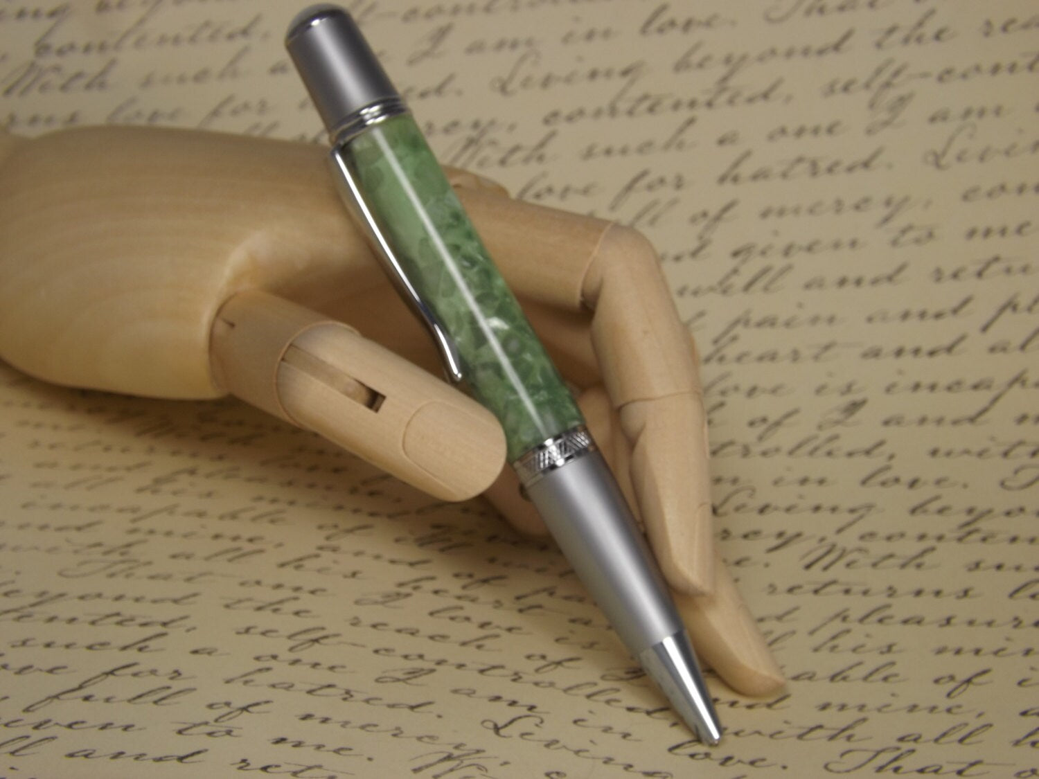 Handmade Green pebble acrylic Pen, Sierra Vista style two tone chrome pen.