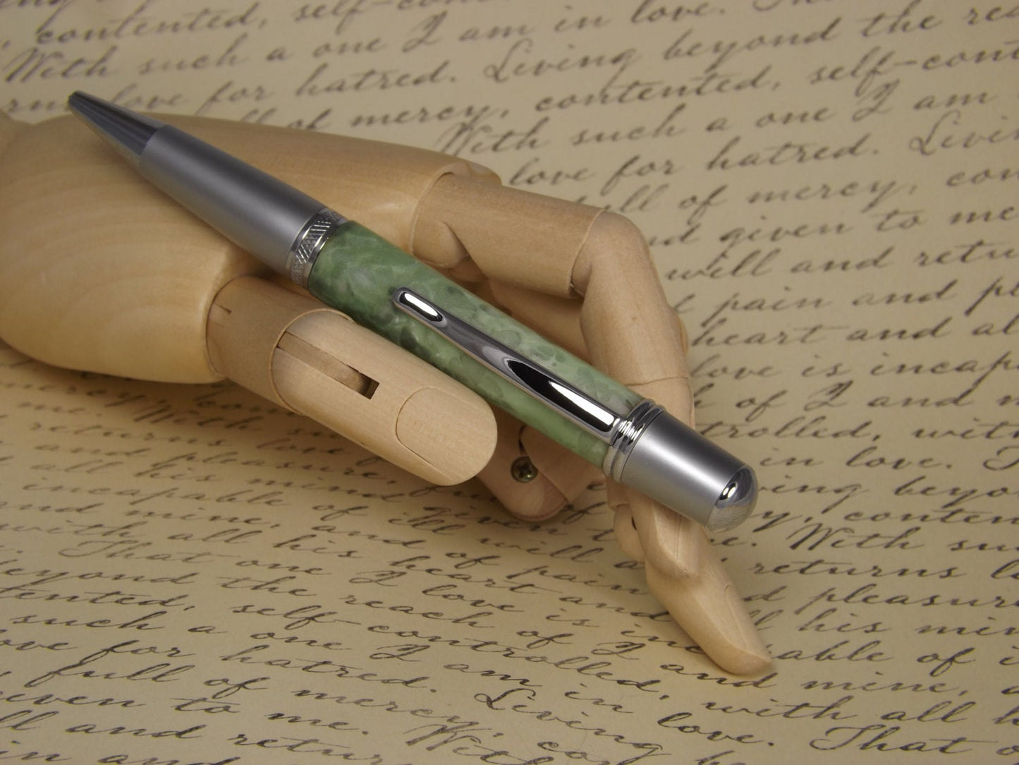 Handmade Green pebble acrylic Pen, Sierra Vista style two tone chrome pen.