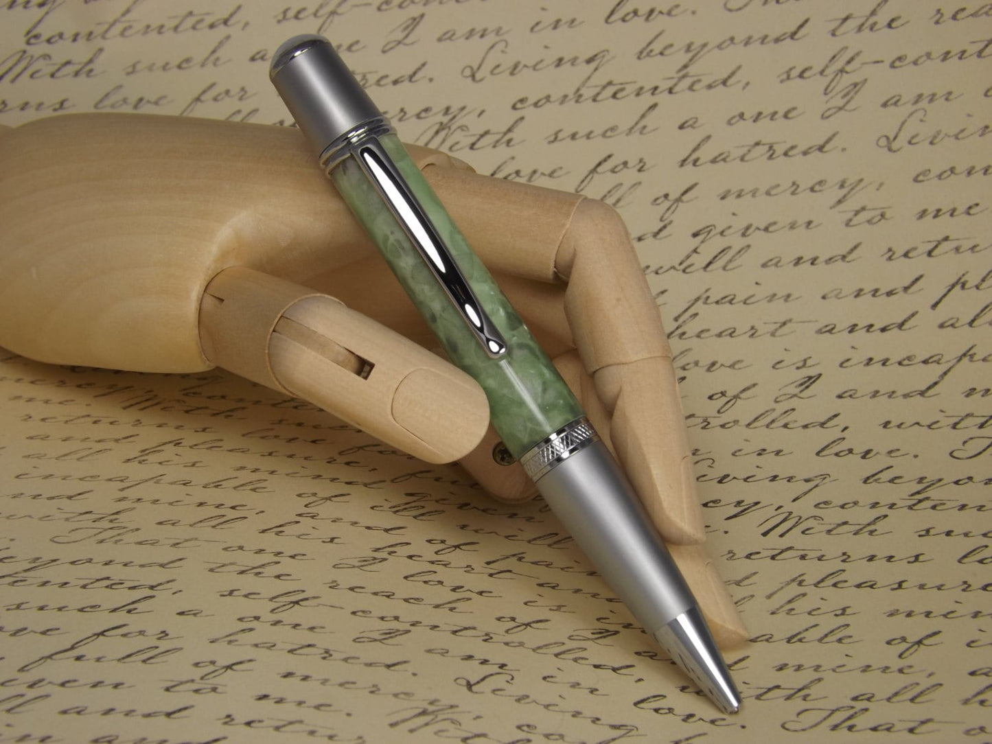 Handmade Green pebble acrylic Pen, Sierra Vista style two tone chrome pen.