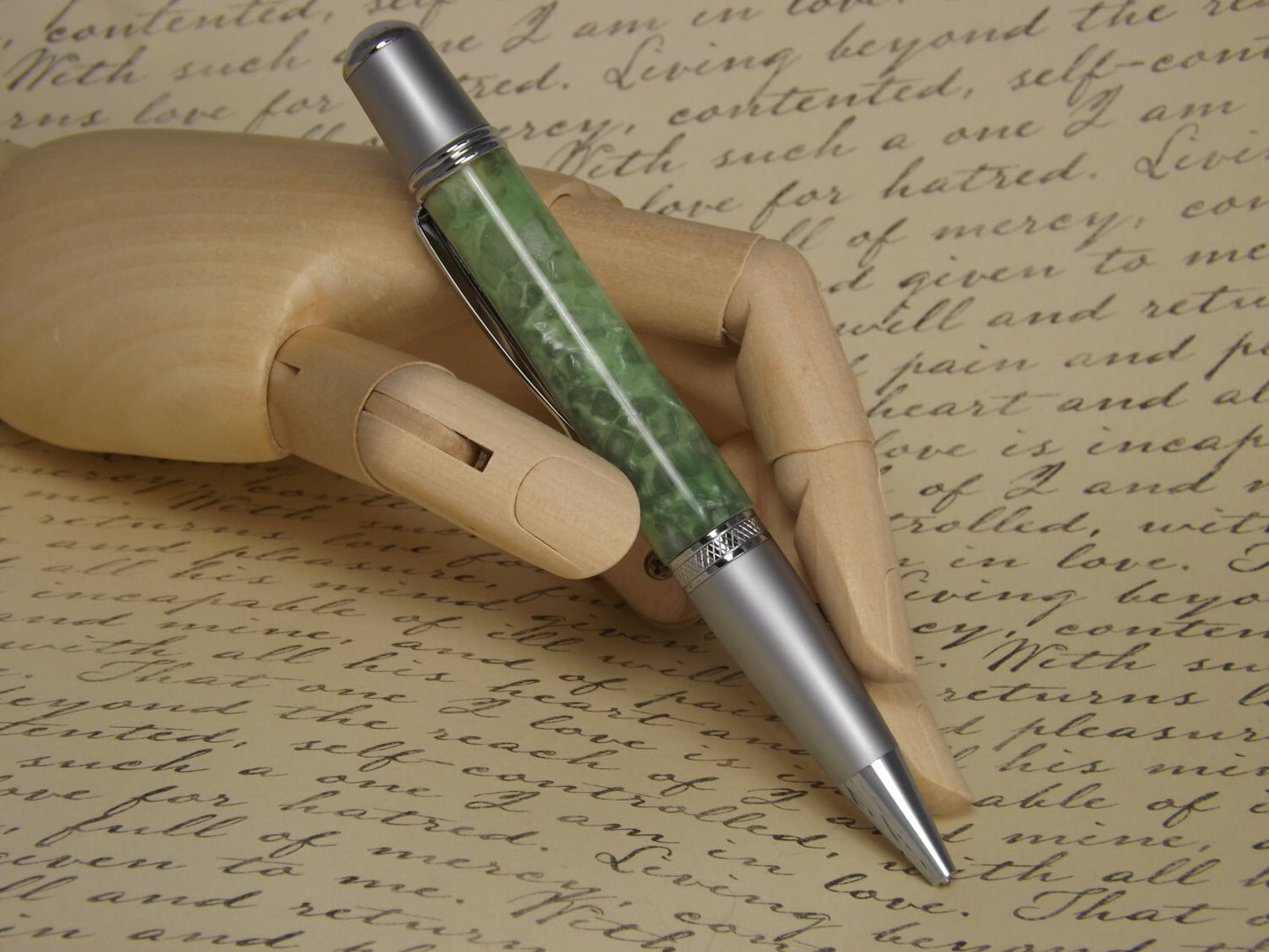 Handmade Green pebble acrylic Pen, Sierra Vista style two tone chrome pen.