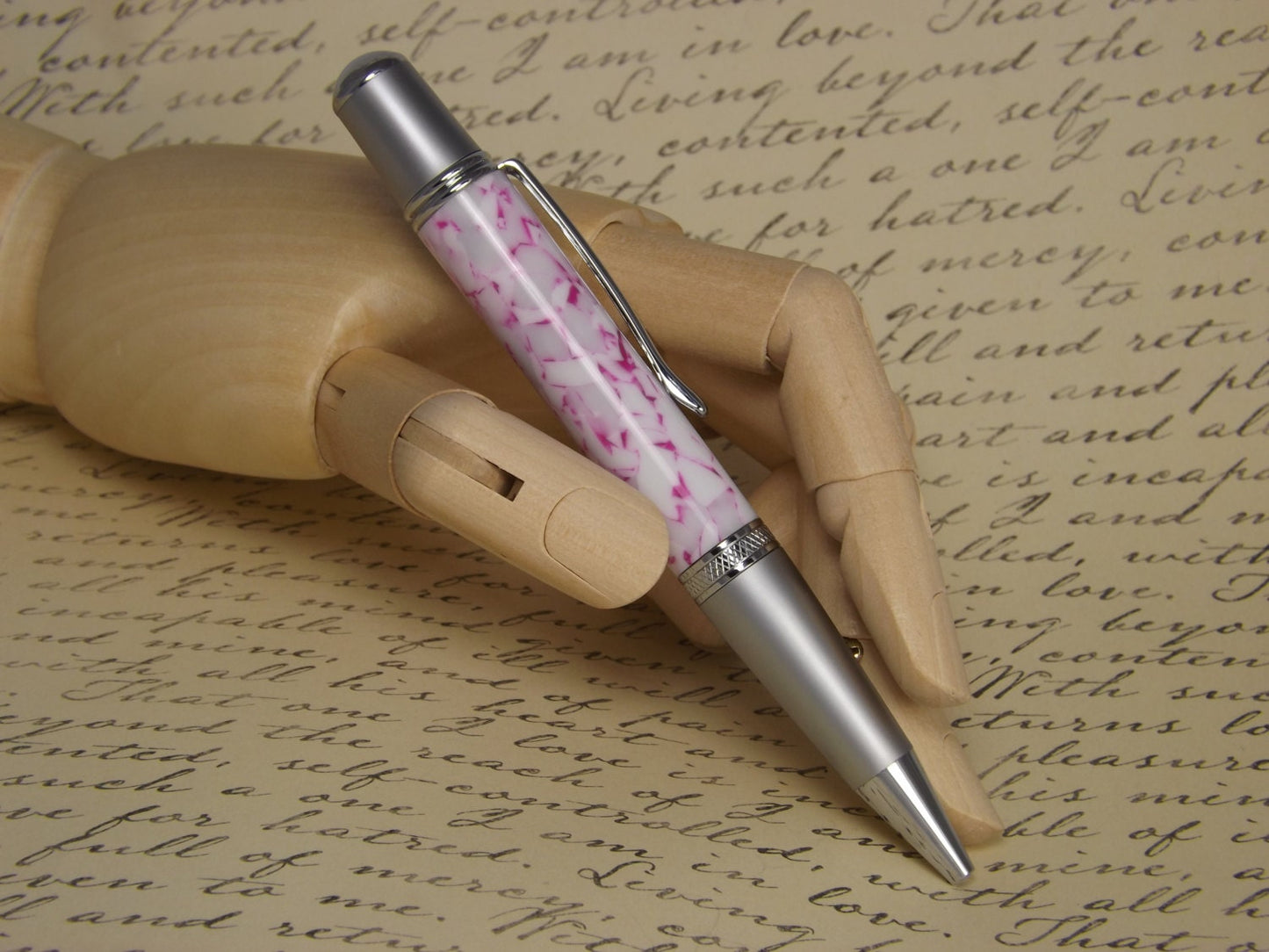 Handmade Pink pebble acrylic Pen, Sierra Vista style two tone chrome pen.