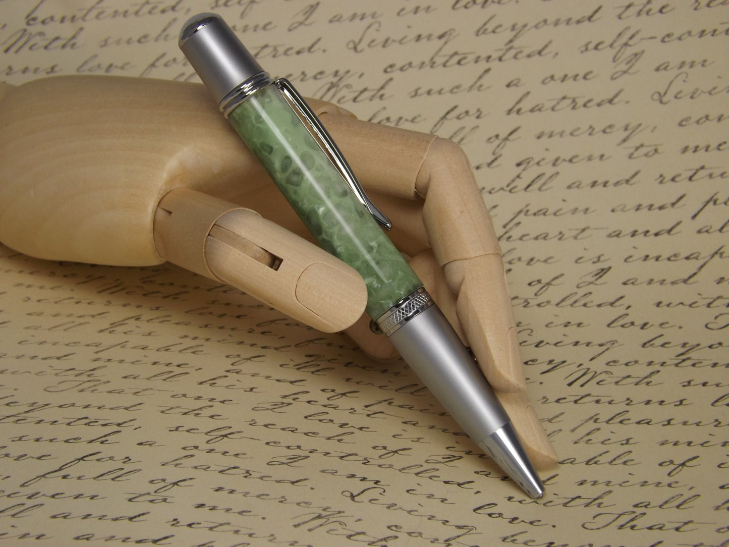 Handmade Green pebble acrylic Pen, Sierra Vista style two tone chrome pen.