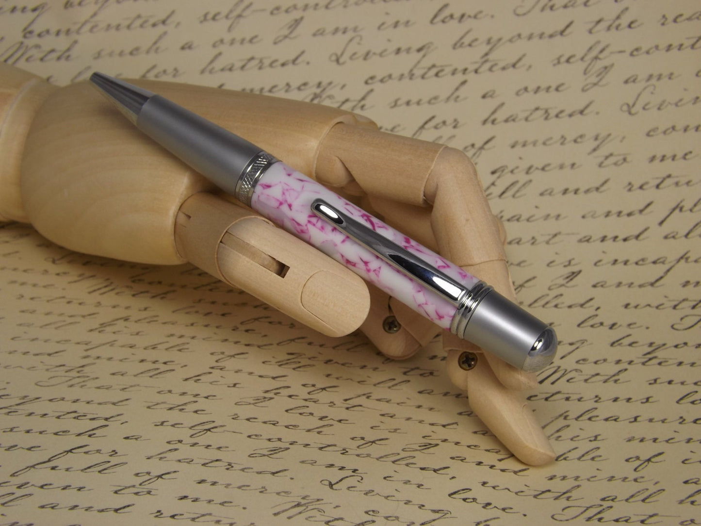 Handmade Pink pebble acrylic Pen, Sierra Vista style two tone chrome pen.