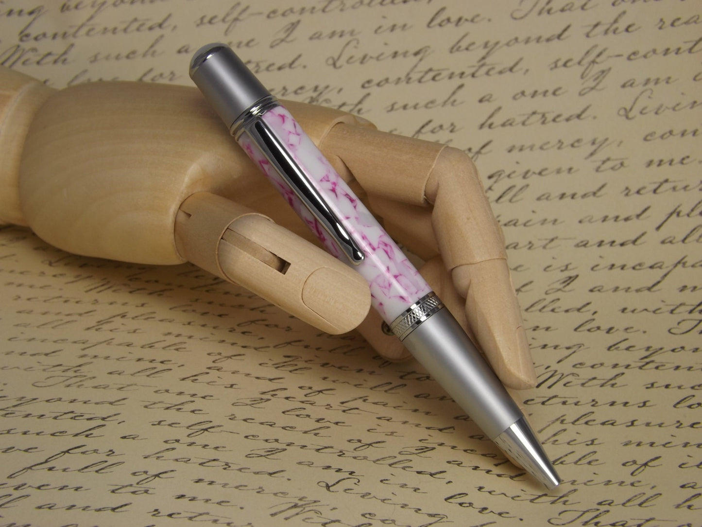 Handmade Pink pebble acrylic Pen, Sierra Vista style two tone chrome pen.