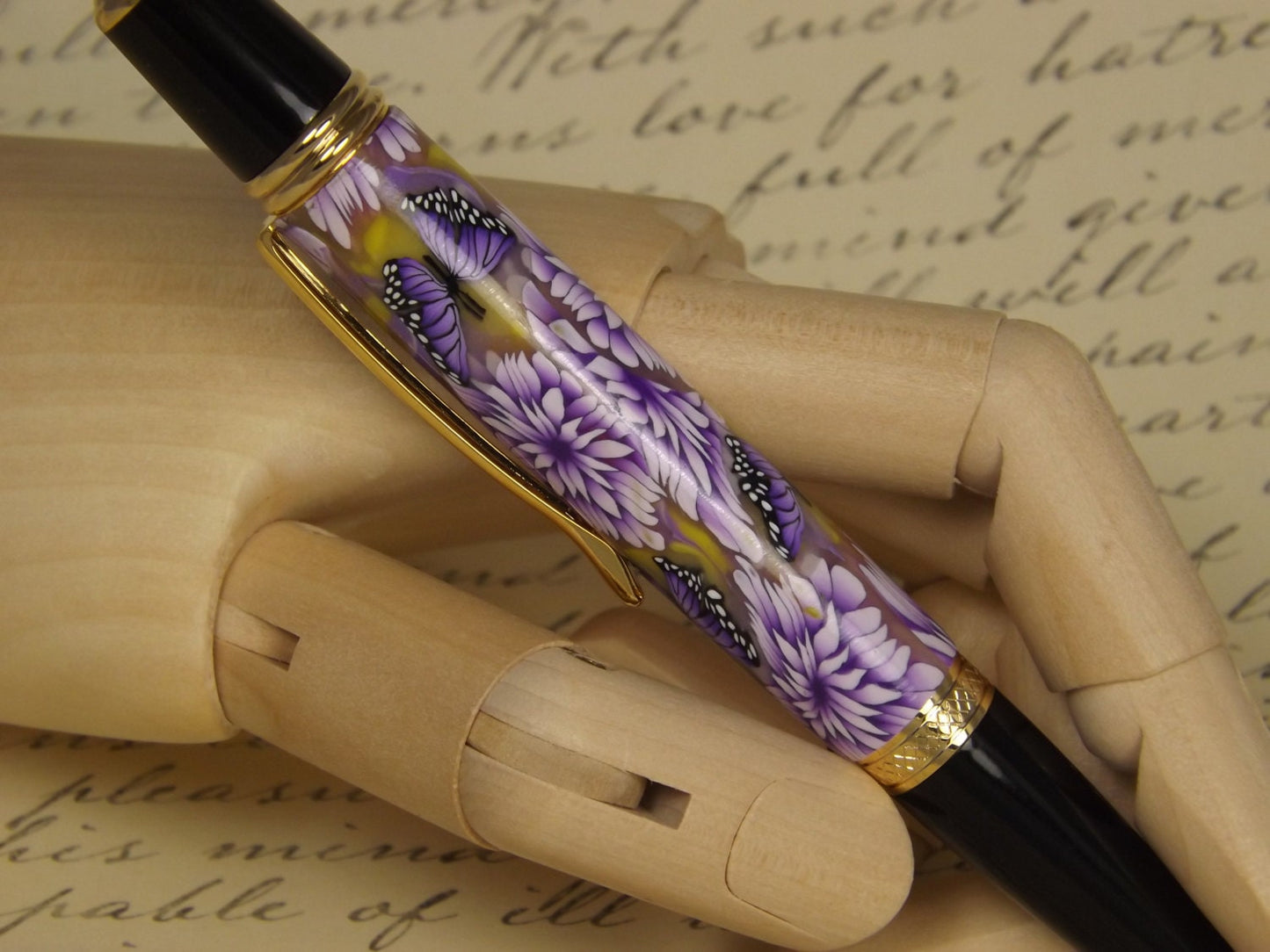 Handmade 24KT Gold Plated Pen: Purple Butterfly Polymer Clay