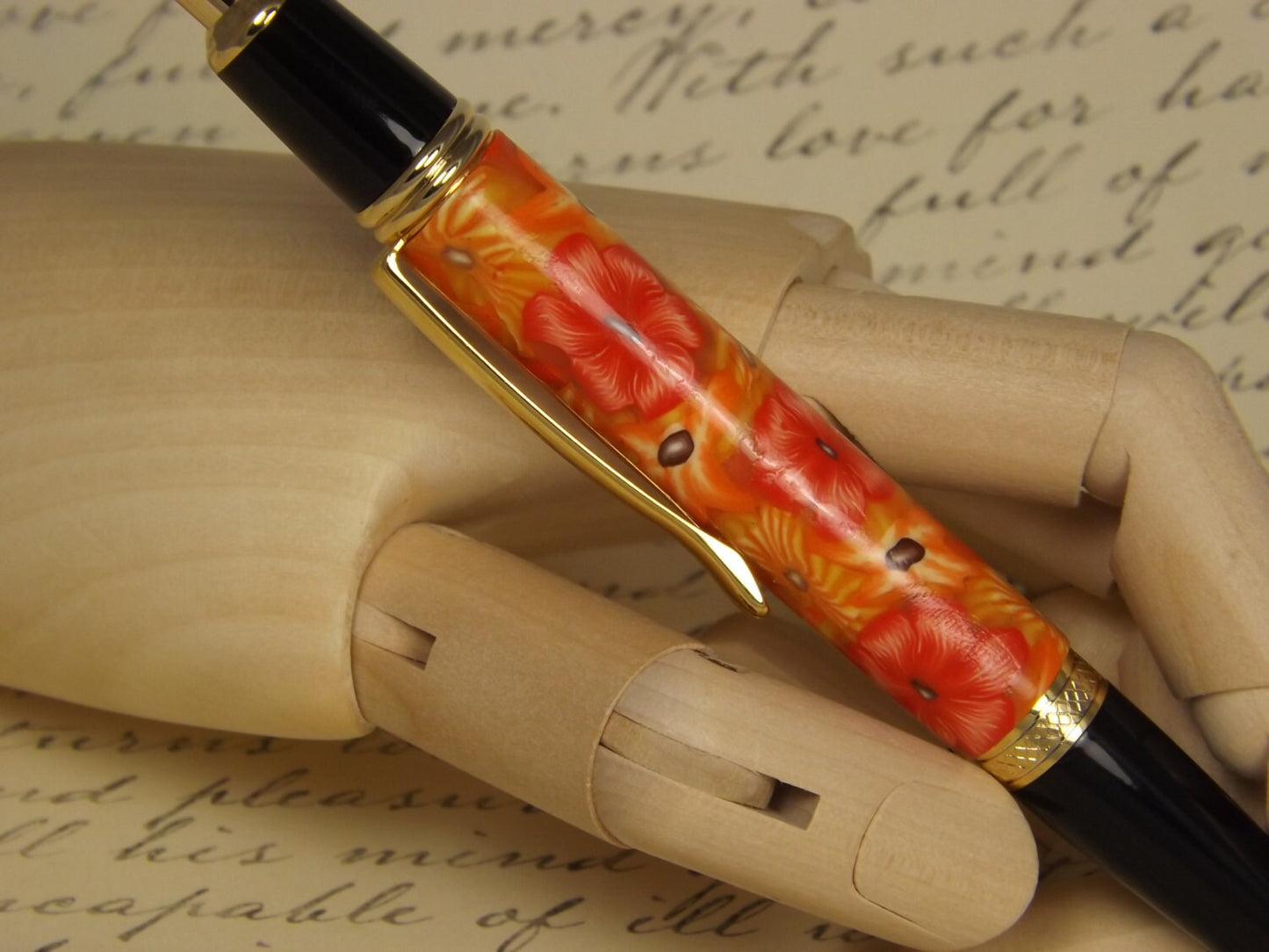 Handmade 24KT Gold Plated Pen: Orange Flower Polymer Clay
