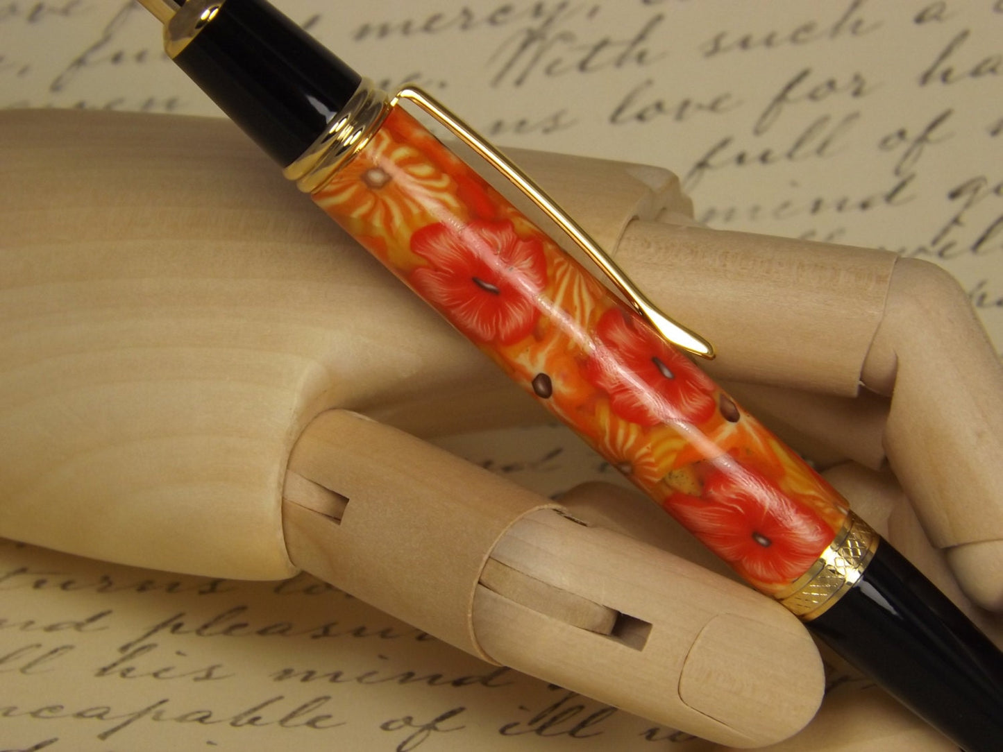 Handmade 24KT Gold Plated Pen: Orange Flower Polymer Clay