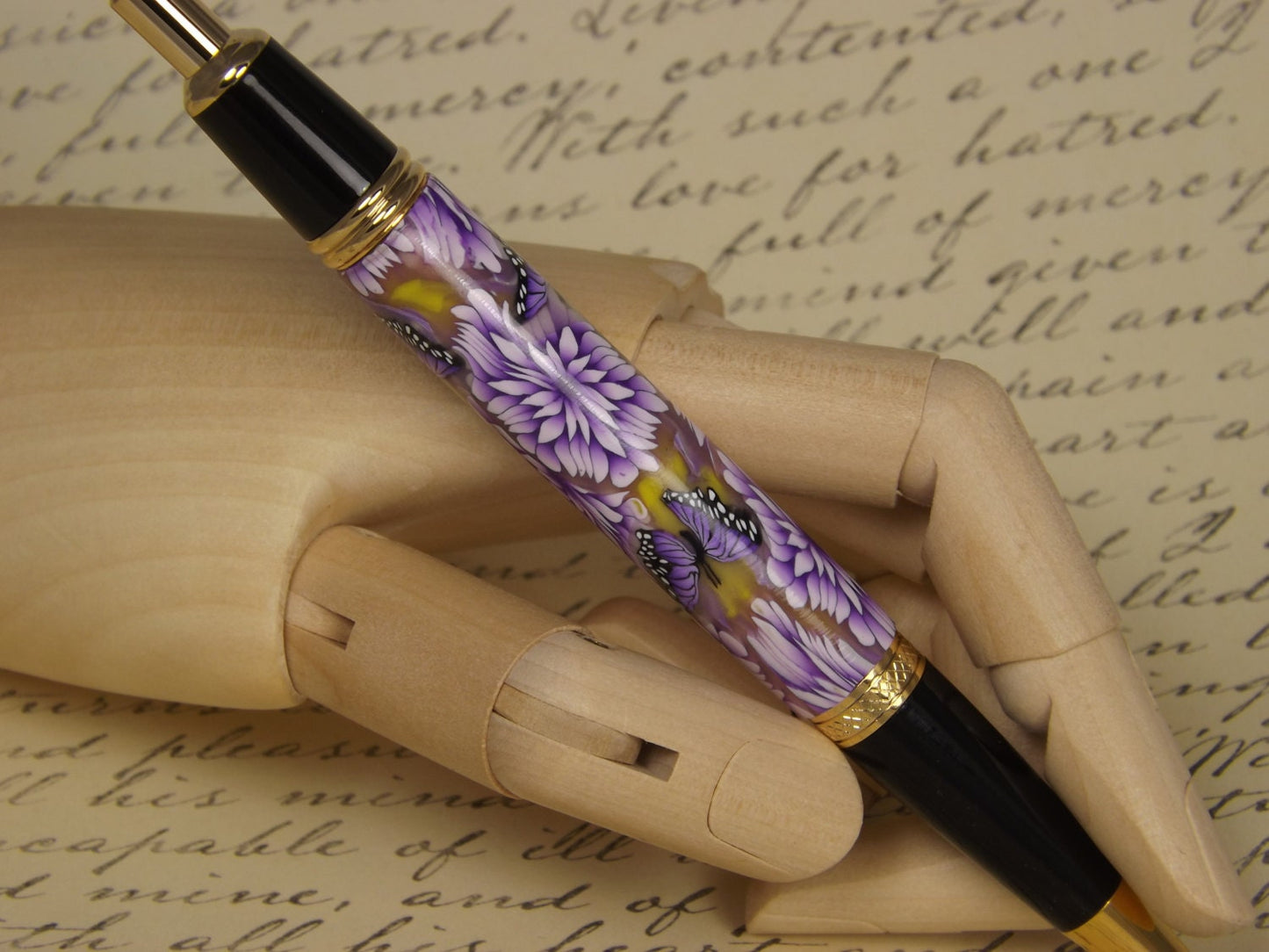 Handmade 24KT Gold Plated Pen: Purple Butterfly Polymer Clay