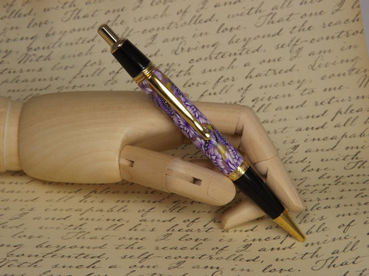 Handmade 24KT Gold Plated Pen: Purple Butterfly Polymer Clay