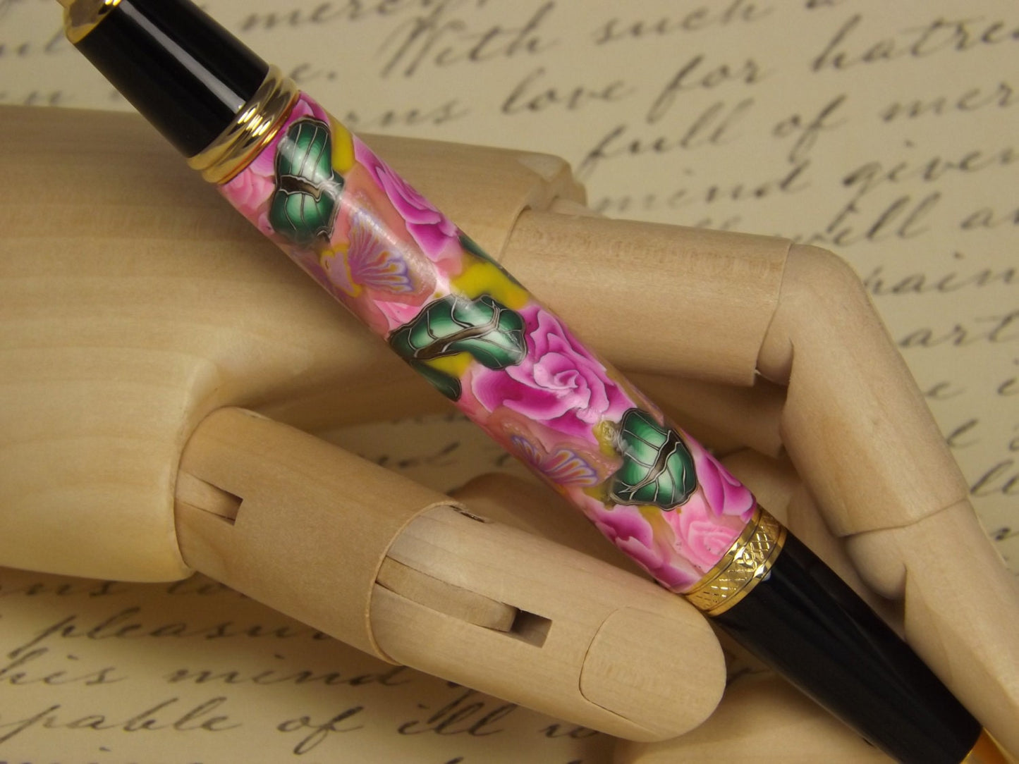 Handmade 24KT Gold Plated Pen: Pink Flower Polymer Clay