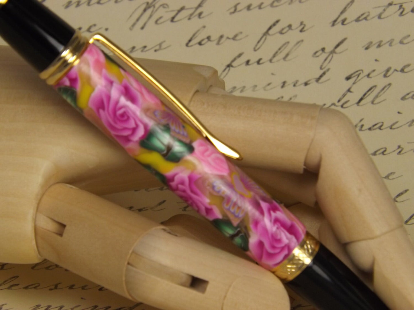 Handmade 24KT Gold Plated Pen: Pink Flower Polymer Clay