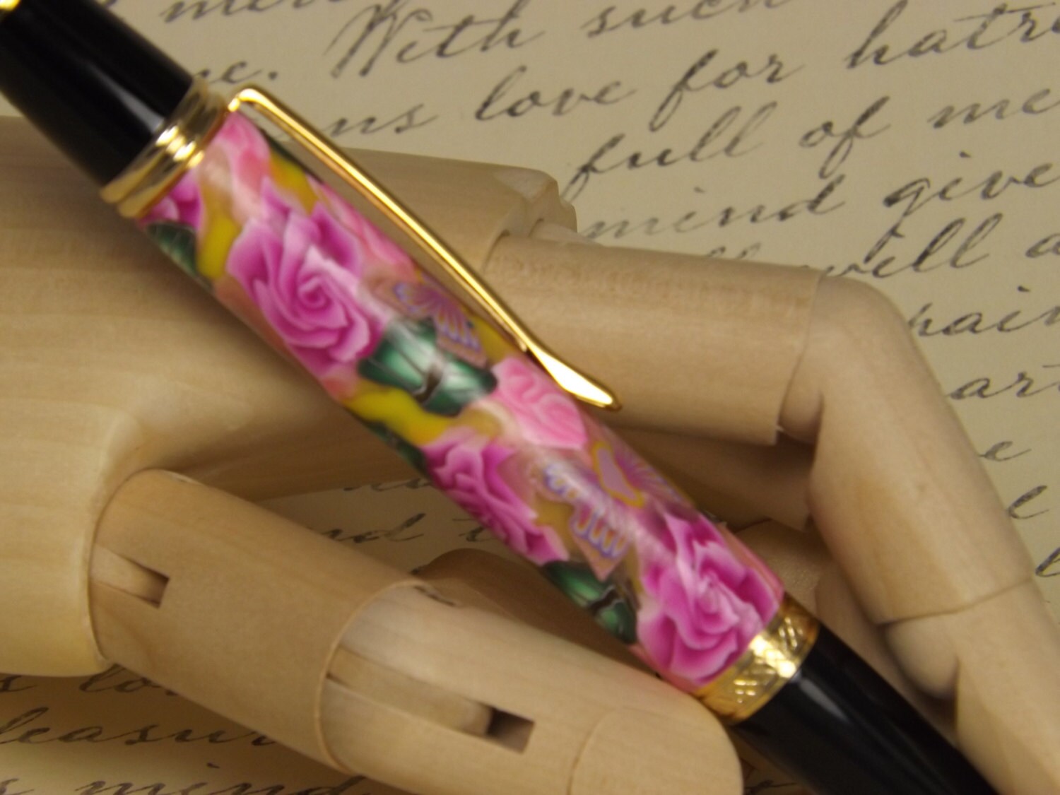Handmade 24KT Gold Plated Pen: Pink Flower Polymer Clay