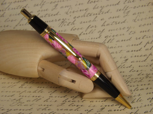 Handmade 24KT Gold Plated Pen: Pink Flower Polymer Clay