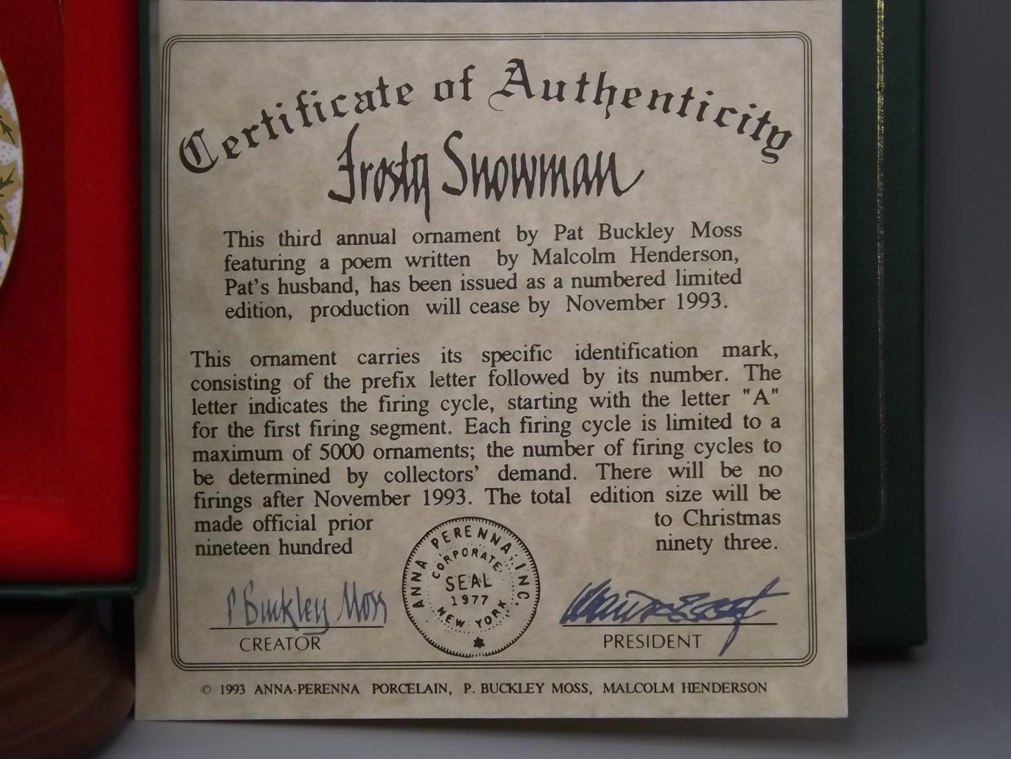 Vintage 1993 P Buckley Moss Porcelain Ornament "Frosty Snowman"