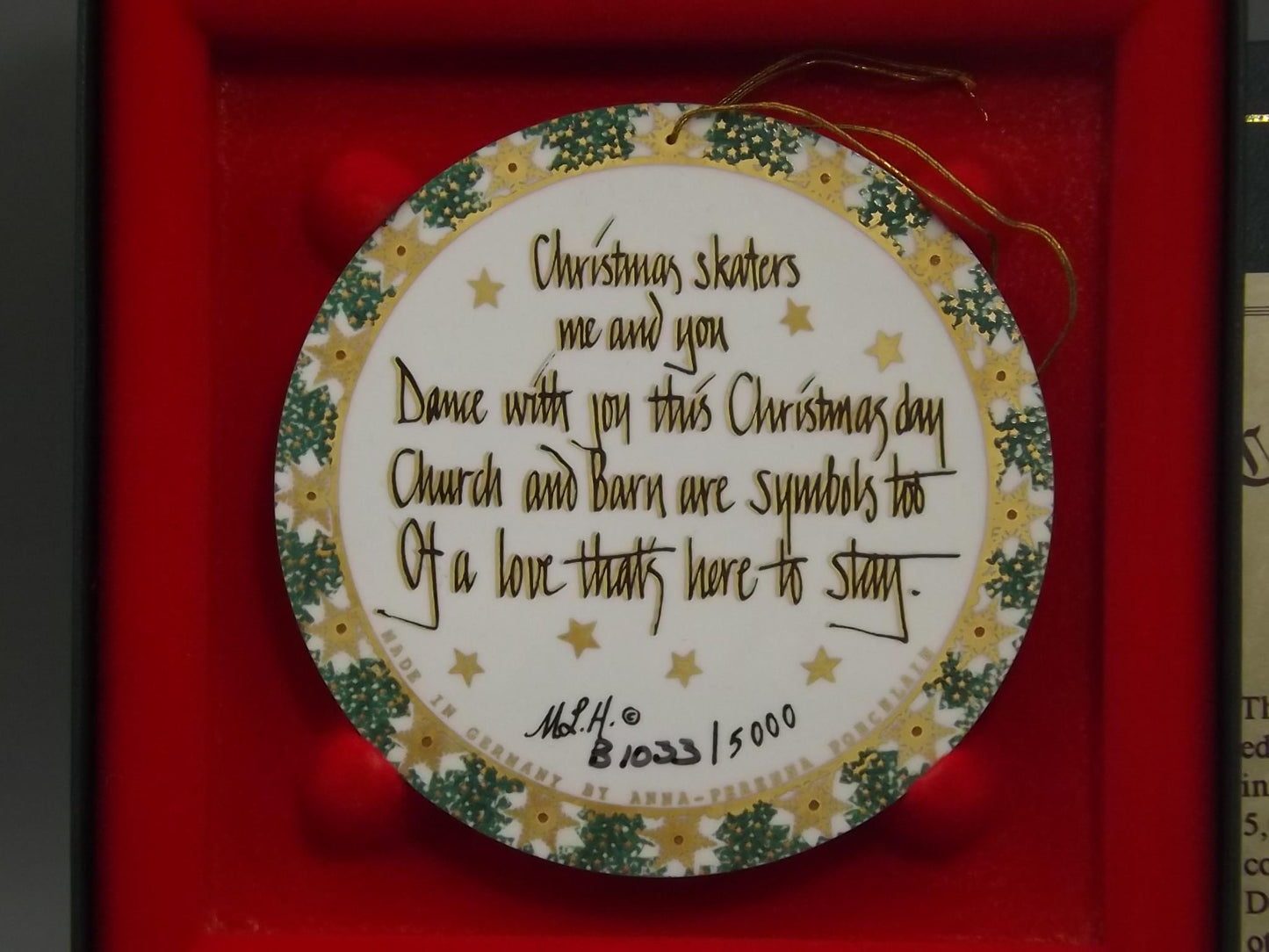 Vintage 1994 P Buckley Moss Porcelain Ornament "Christmas Skaters"