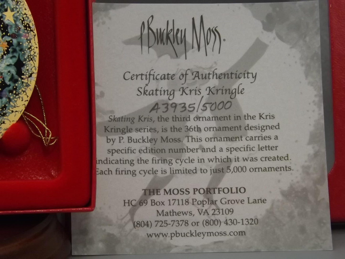 Vintage 2003 P Buckley Moss Porcelain Ornament "Skating Kris Kringle"