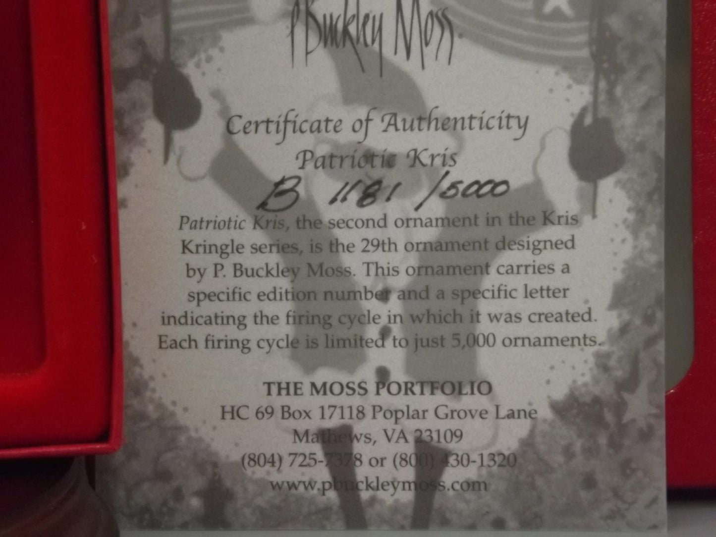 Vintage 2002 P Buckley Moss Porcelain Ornament "Patriotic Kris"